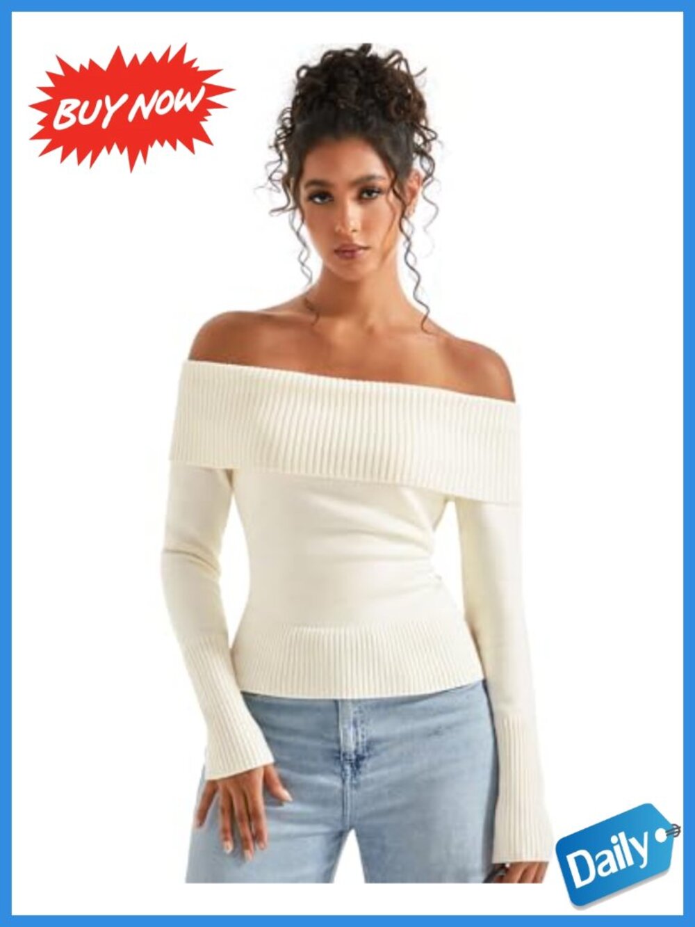 Off Shoulder Ribbed Knit Long Sleeve Pullover Sweater Modal Blend Top